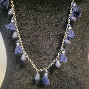 Cato 1946 Colorful indigo blue Tassle & Bead Statement Necklace 16 in Boho Artsy